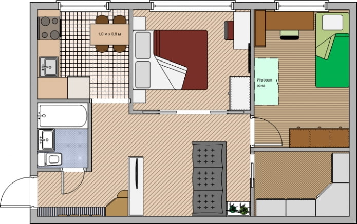 Ang layout ng apartment ay 45 sq. m