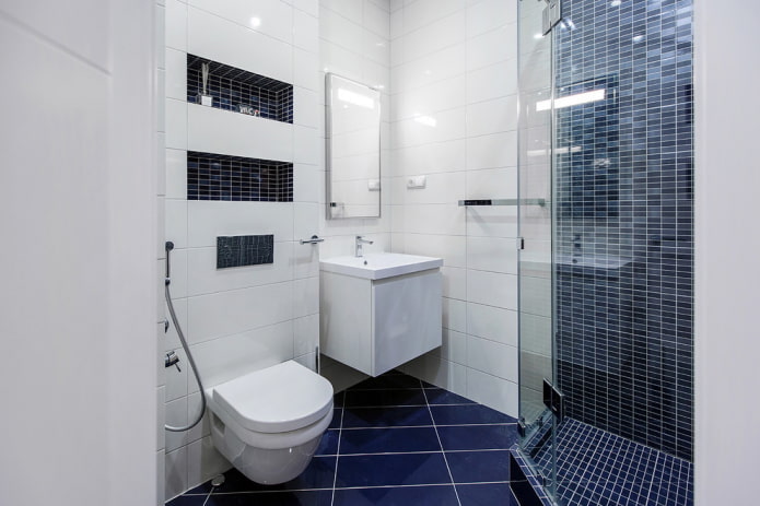 bathroom interior in white and blue tones