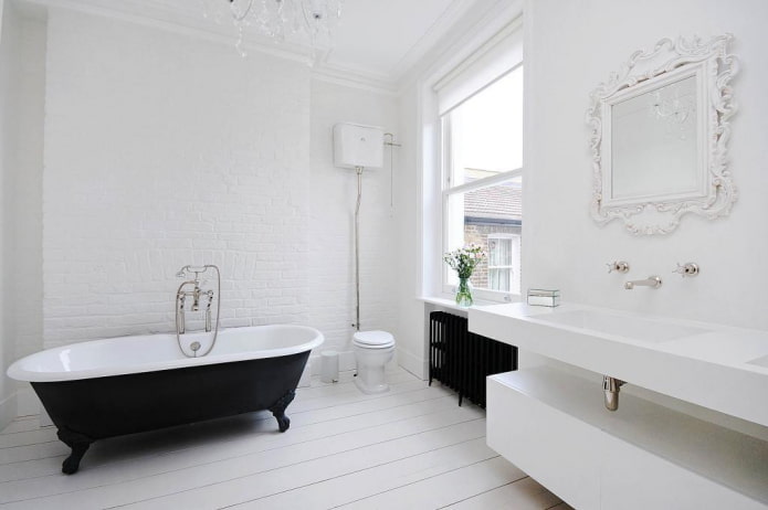 finishing in the interior of the bathroom in white tones