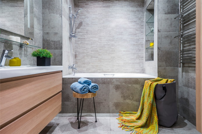 Gray bathroom with bright accents