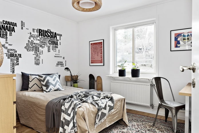 hálószoba egy tizenéves fiú számára skandináv stílusban