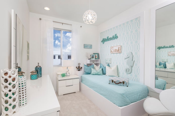 white and turquoise room