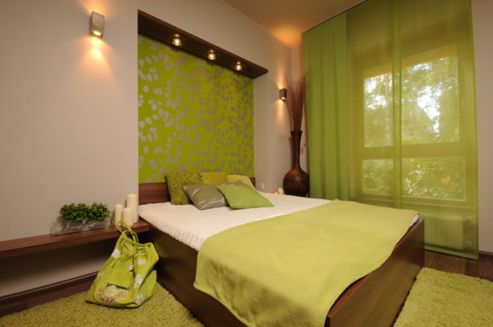 color combination in the interior of the bedroom in green tones