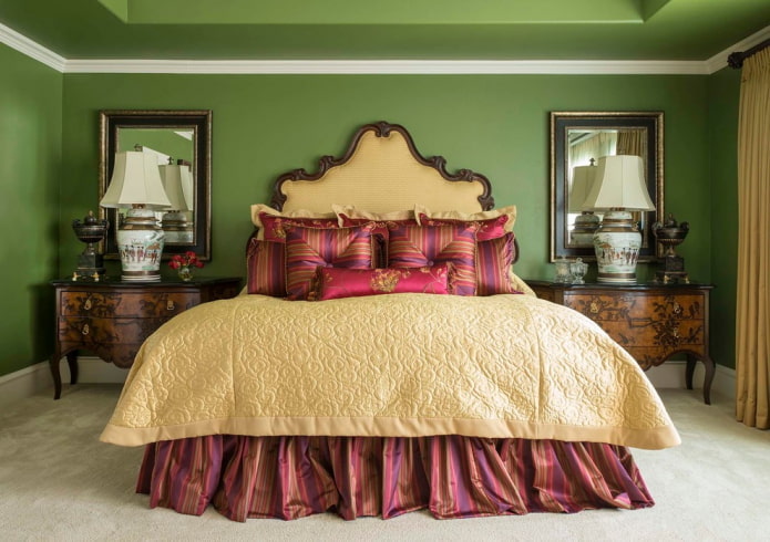 furnishings in the interior of the bedroom in green tones