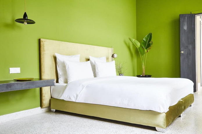 hálószoba design zöld színben