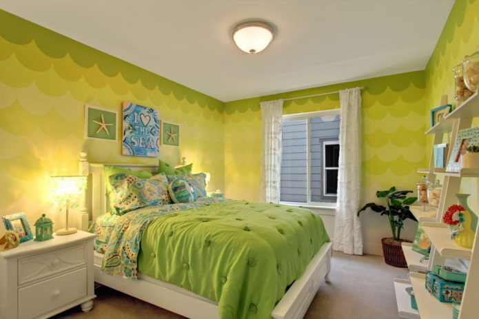 Farbkombination im Innenraum des Schlafzimmers in Grüntönen