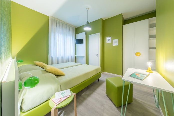 hálószoba design zöld színben