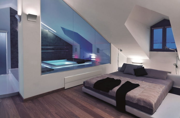 high-tech attic bedroom interior