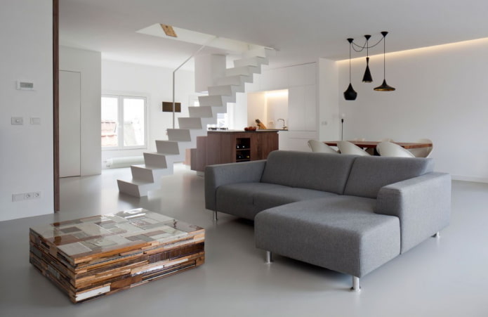 emeletes lakás belső tere a minimalizmus stílusában