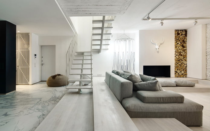interior ng isang bunk apartment na may istilong minimalism