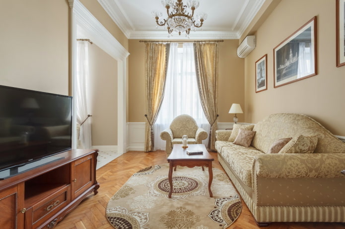bézs nappali belső tér klasszikus stílusban