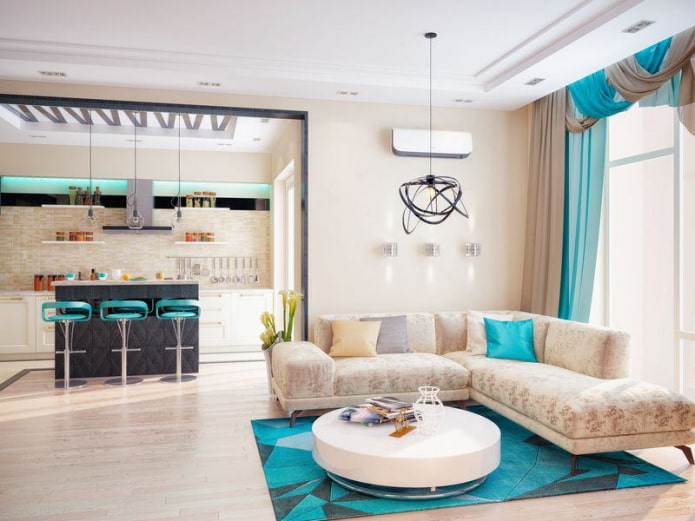 living room interior in turquoise-beige shades