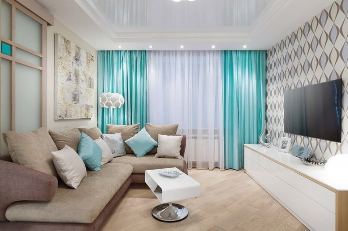 living room interior in turquoise-beige shades