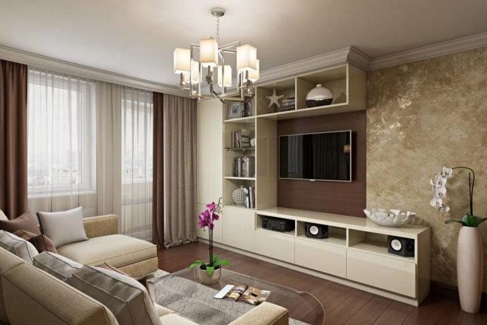 living room interior in brown-beige shades
