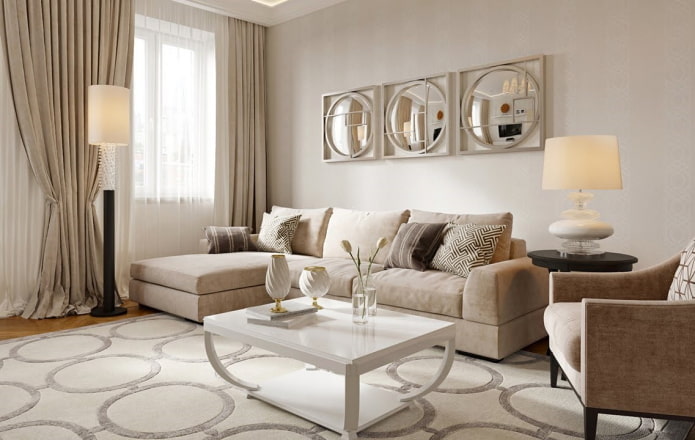 interior of a beige living room in neoclassical style
