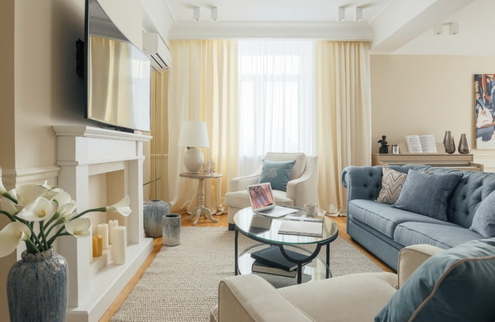 living room interior in beige and blue shades