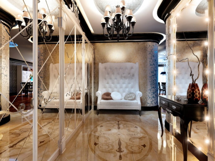 High back sofa and mirrored cabinets