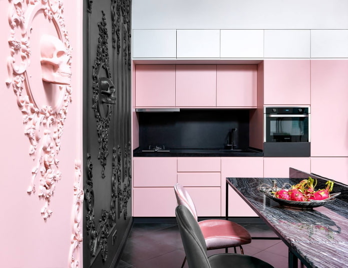 Einreihige Küche in Schwarz und Pink