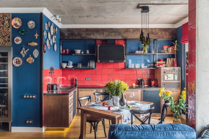 Red and blue L-shaped kitchen