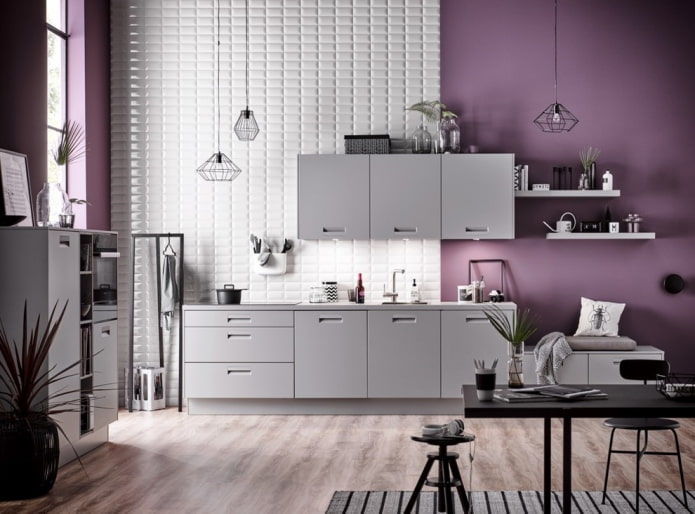 kitchen design in gray-purple tones