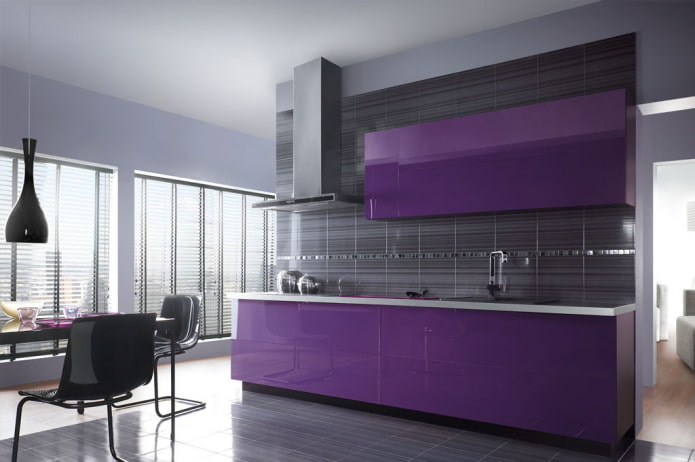 kitchen design in black and purple tones