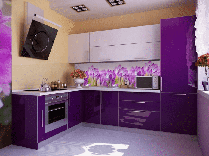 kitchen design in purple tones with yellow accents