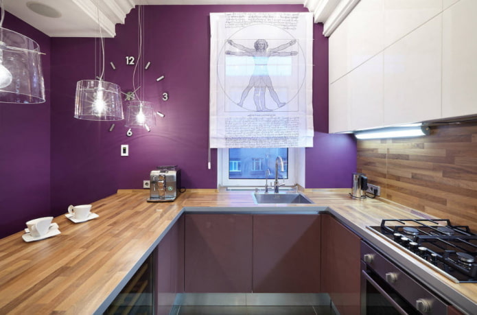 curtains in the interior of the kitchen in purple tones