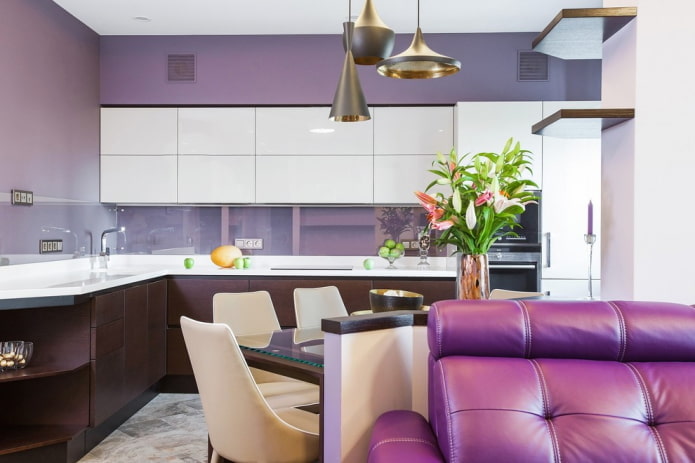 decor and lighting in the interior of the kitchen in purple tones