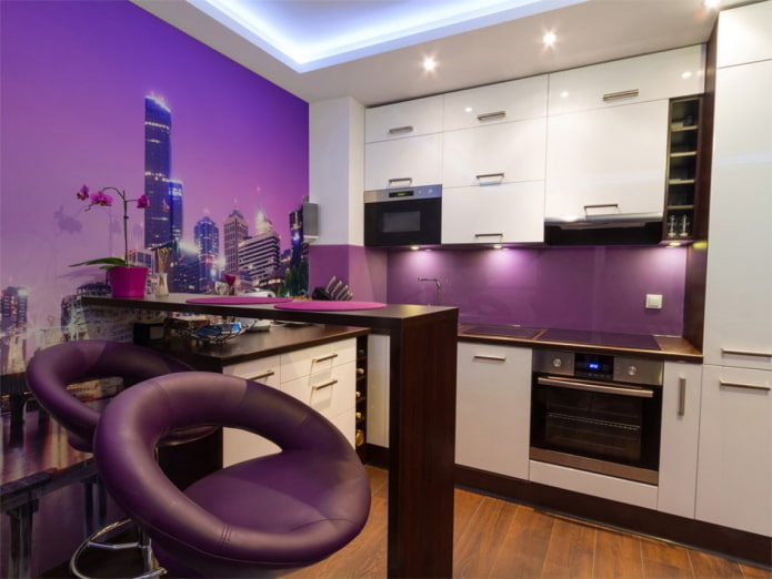 wallpaper in the interior of the kitchen in purple tones