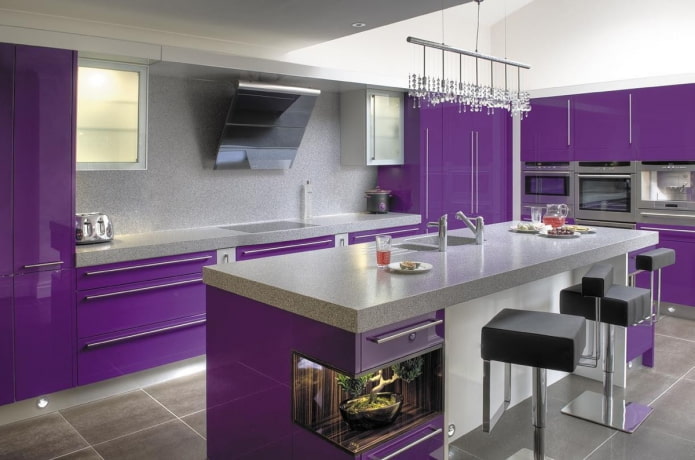 furnishings in the interior of the kitchen in purple tones