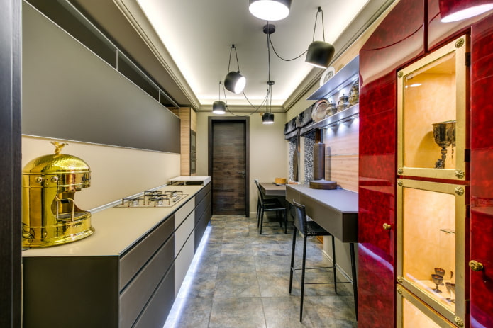 lighting in the interior of a narrow kitchen