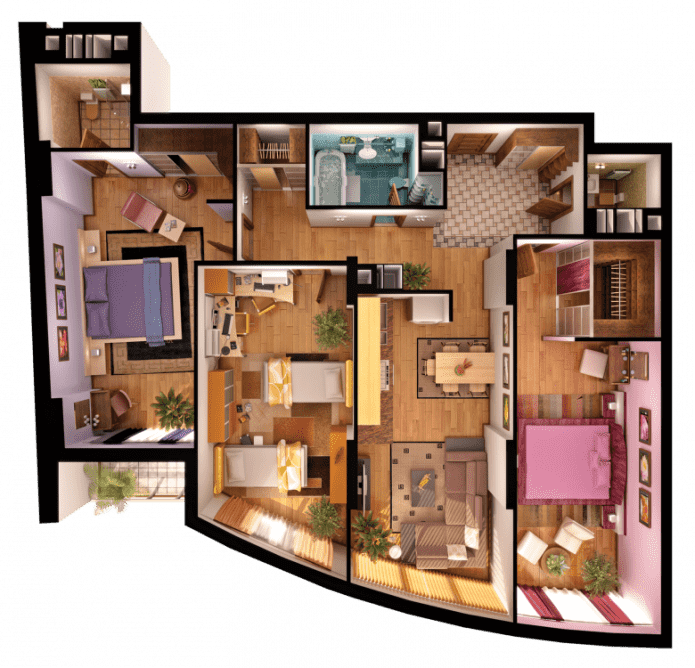 layout ng isang 4 na silid na apartment
