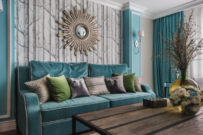 interior design in gray-turquoise colors