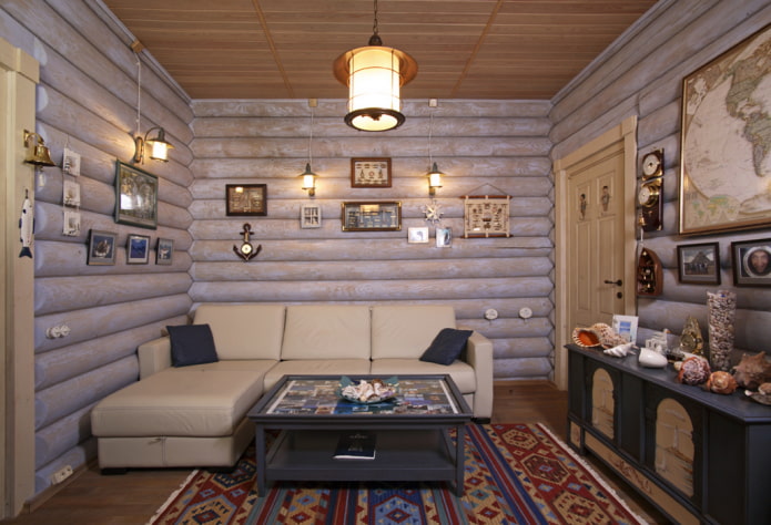 living room design in the interior of a log house