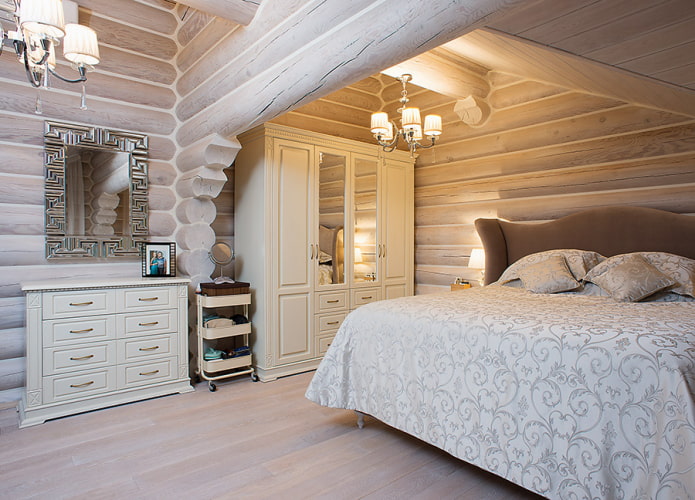 bedroom design in the interior of a log house
