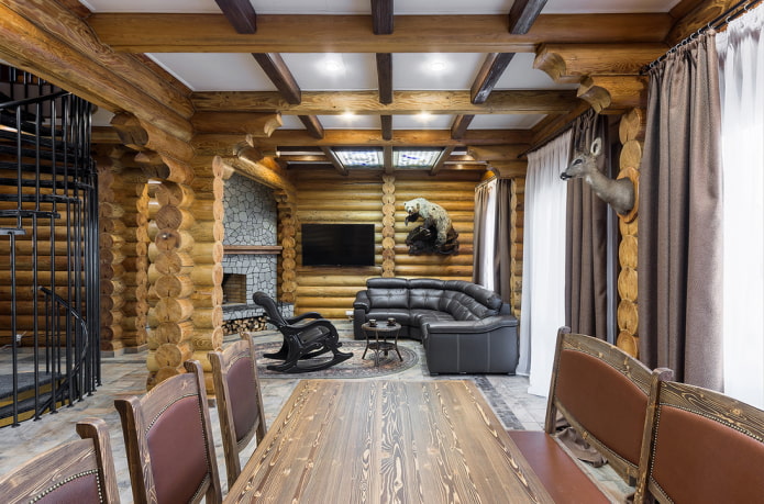 furniture and decor in the interior of a log house
