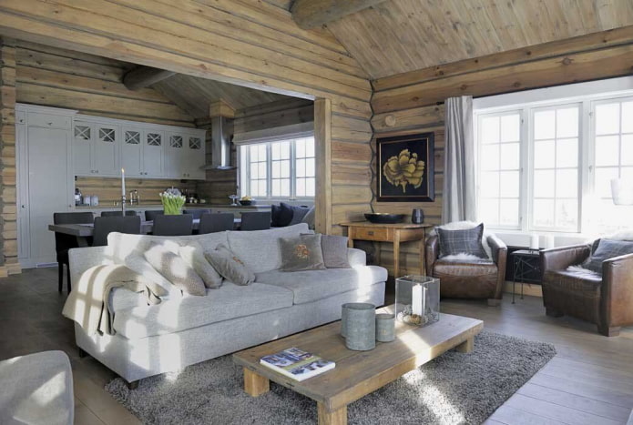 Ентеријер куће од брвнара у скандинавском стилу