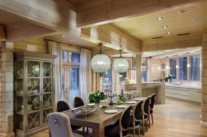 kitchen design in the interior of a log house
