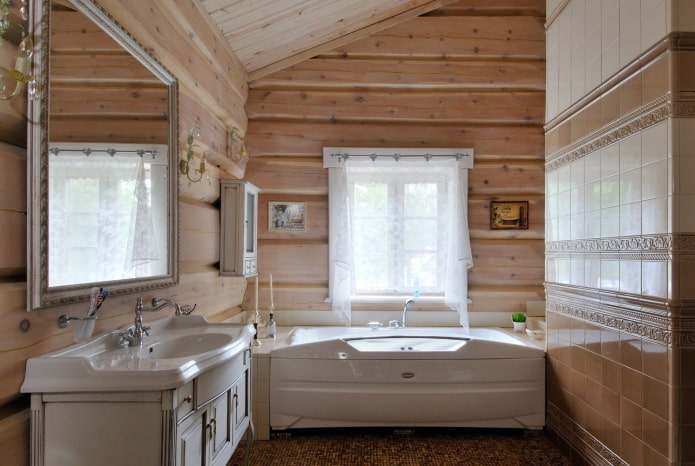 bathroom design in the interior of a log house