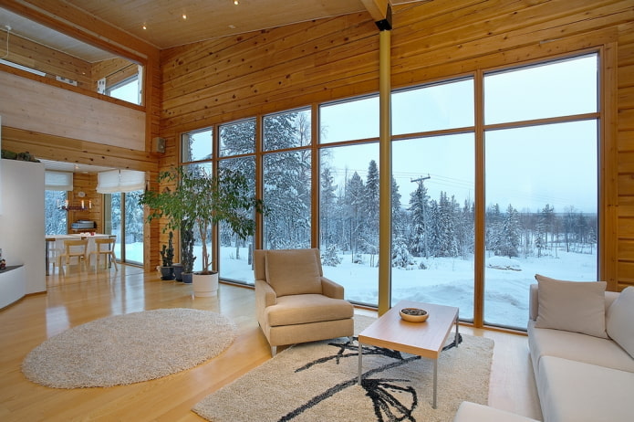 log house design with panoramic windows