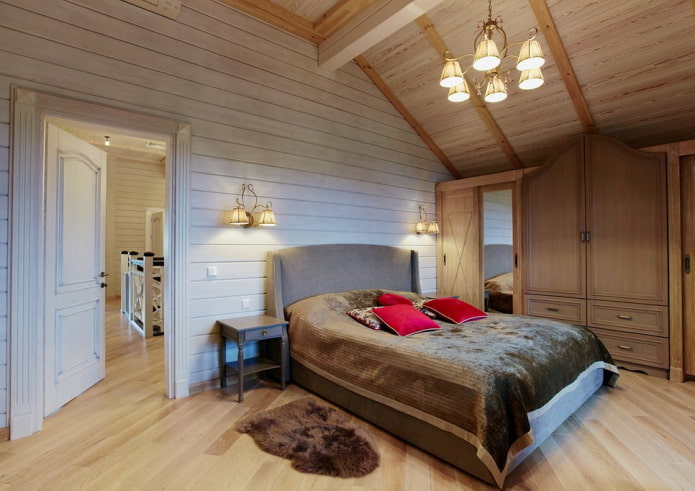 การออกแบบห้องนอนในการตกแต่งภายในของบ้านไม้