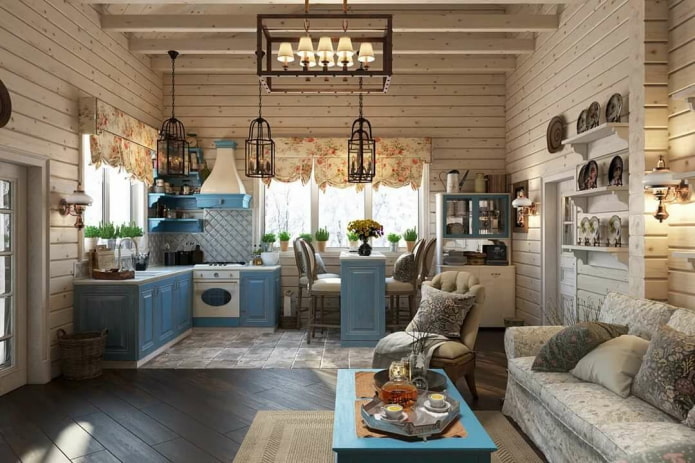 kitchen-living room design in the interior of a log house