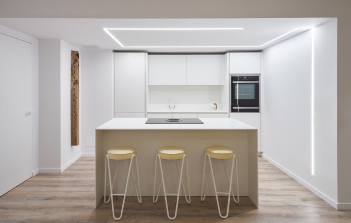 White ceiling with lighting in the kitchen
