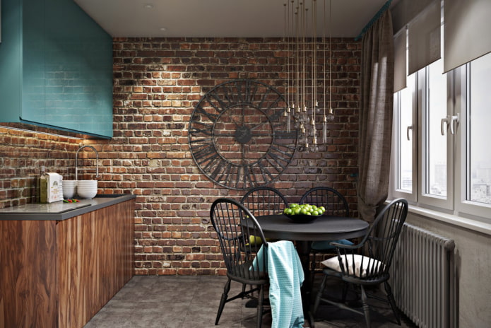 very small kitchen with wooden cabinets and decorative brick accent wall