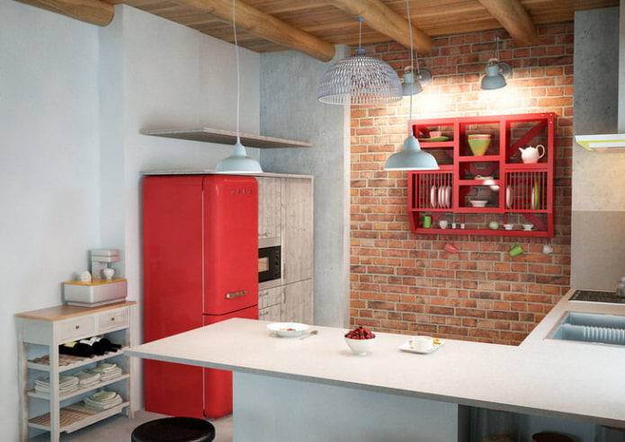 weiße und rote Küche im Loft-Stil