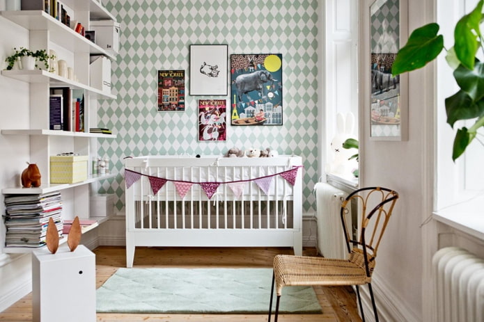 interior of a nursery for a newborn in a nordic style