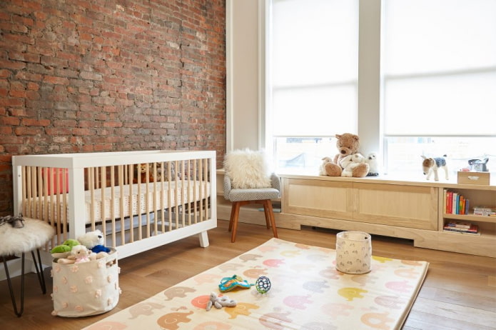textiles in the interior of a nursery in an industrial style