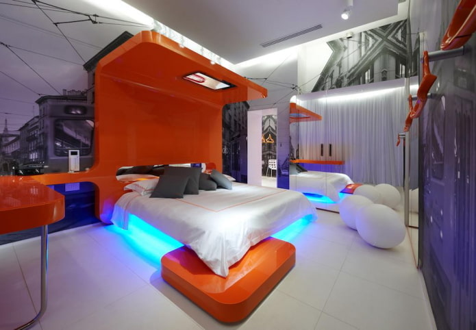 Möbel im Inneren des Schlafzimmers im High-Tech-Stil