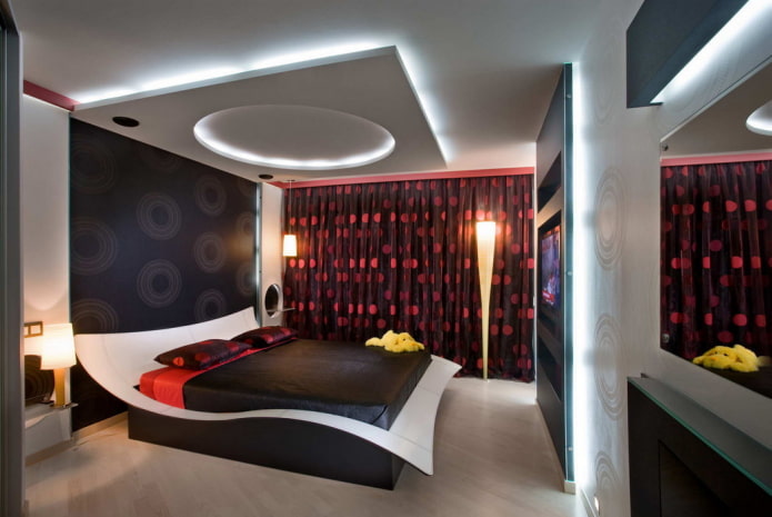 textiles in the interior of the bedroom in high-tech style