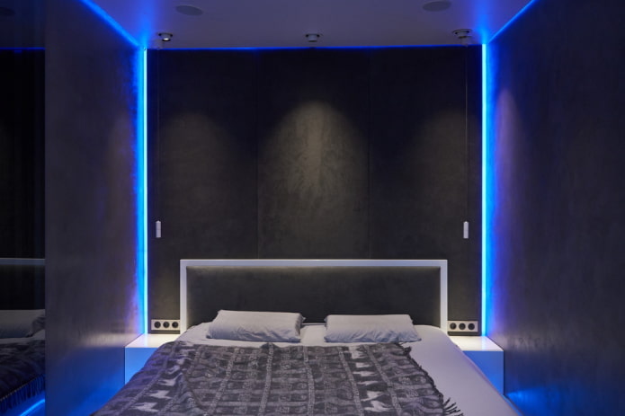 lighting in the interior of the bedroom in high-tech style